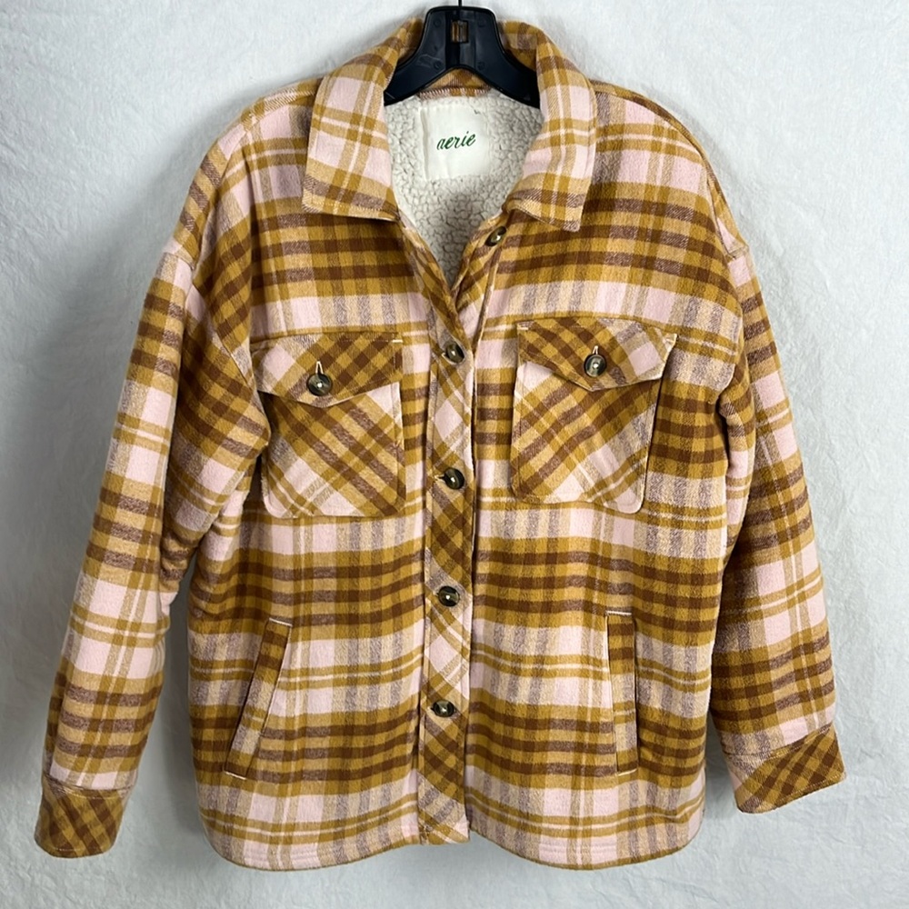 Aerie Women's Plaid Jacket - Brown and Pink